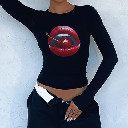 Cherry Lips Abstract Printing Contrast Color Top