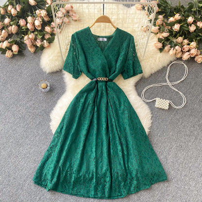 Irregular V-neck Lace-up Waist-controlled Slimming Loose Swing Dress