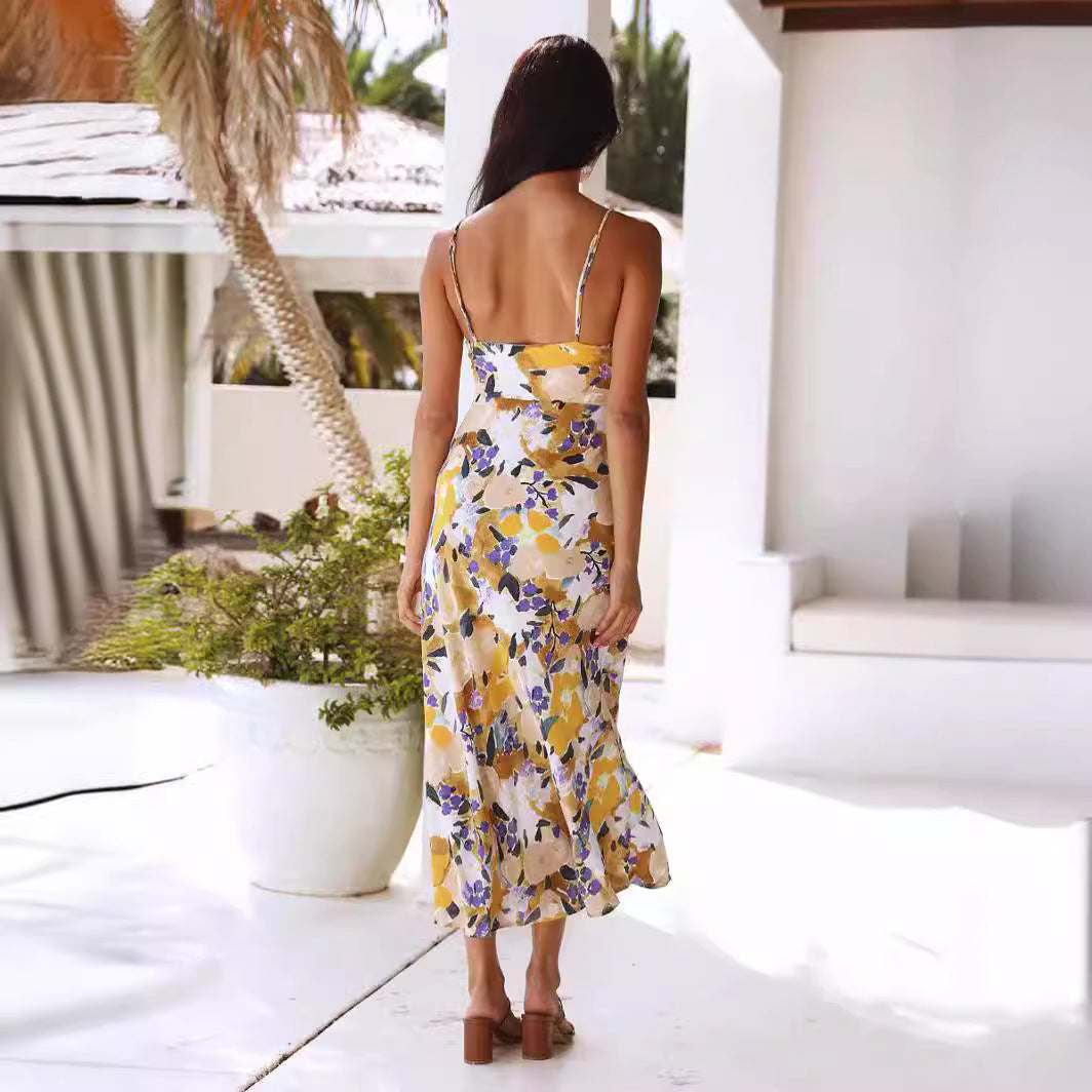 Vestido de vacaciones de cintura alta con falda con tirantes para mujer