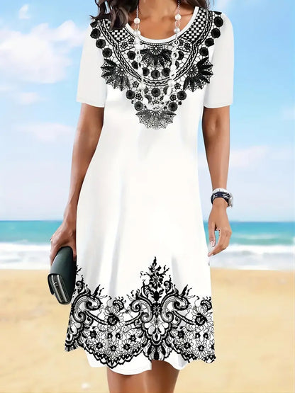 Elegance Retro Printing Digital 3D Printing Round Neck Short Sleeve A- Line Dress