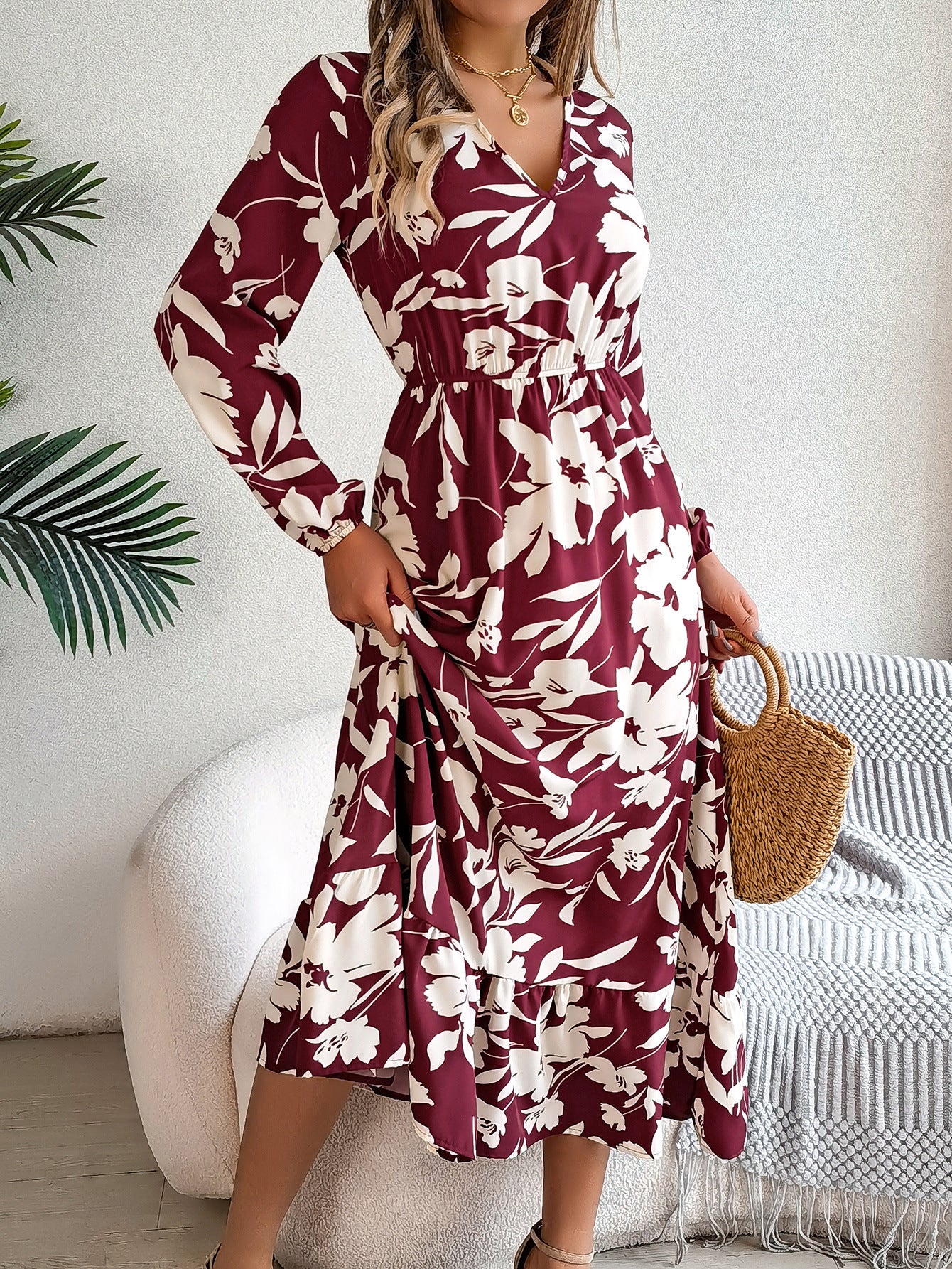 Leisure Flower Waist-controlled Long Sleeves Ruffled Dress