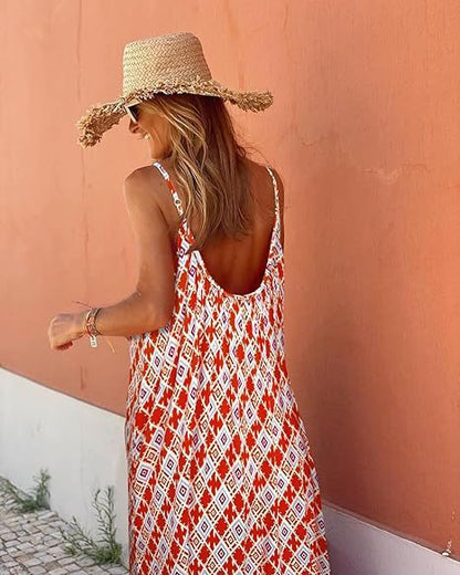 Vestido largo holgado con escote en V y estampado de orejas de madera para vacaciones estilo bohemio europeo y americano