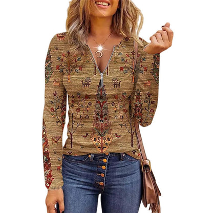 Women's Long Printed Zipper Bottoming Shirt Top