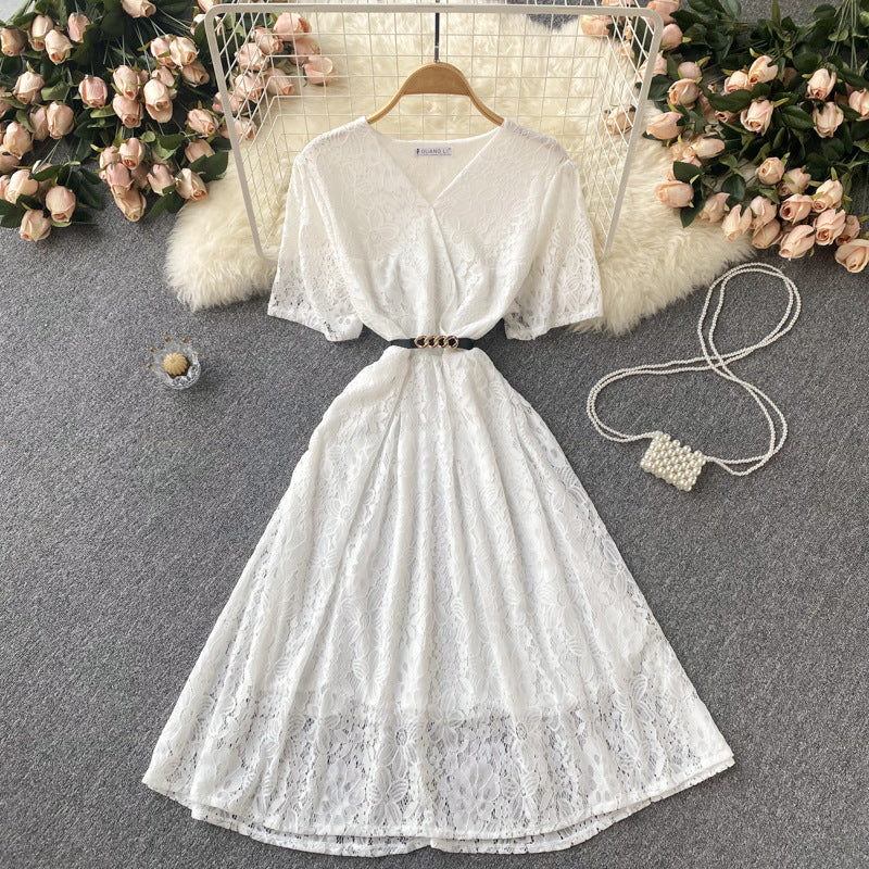 Irregular V-neck Lace-up Waist-controlled Slimming Loose Swing Dress