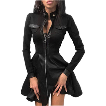 Long Sleeve V-neck Zipper Pu Pocket Dress Women's Clothing