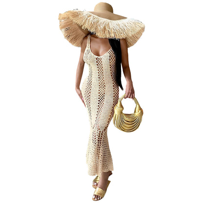 Women's Hollow Solid Color And V-neck Knitted Sleeveless Fishtail Dress