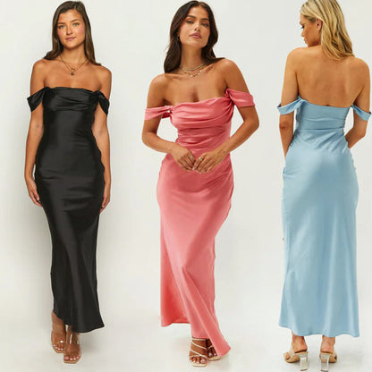 Robe longue en satin à épaules dénudées pour femme