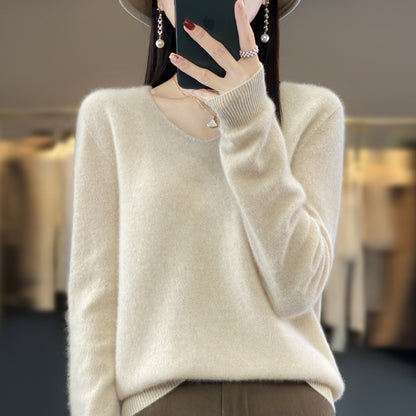 Women's Wool Sweater V-neck Autumn And Winter New Solid Color Loose-fitting Versatile Wool Loose Bottoming Shirt