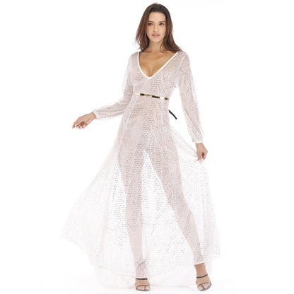 Robe de soirée longue et sexy en maille brillante pour femme