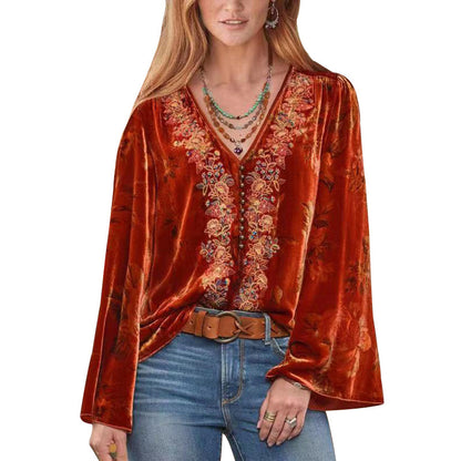 Printed Casual Loose Long Sleeve V-neck Top