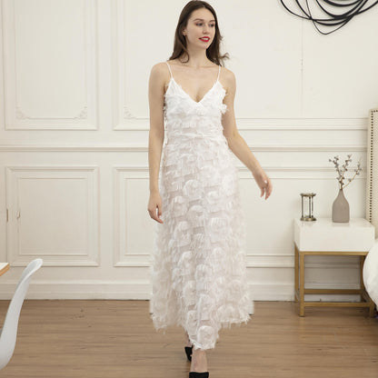 Backless Feather Lace Party Long Dress