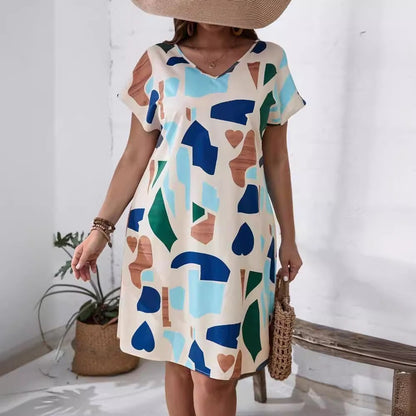 Printed V-neck Short Sleeve Dress Women