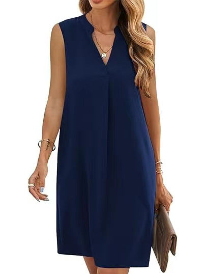 Sleeveless Elegant V-neck Loose Solid Color Dress Women