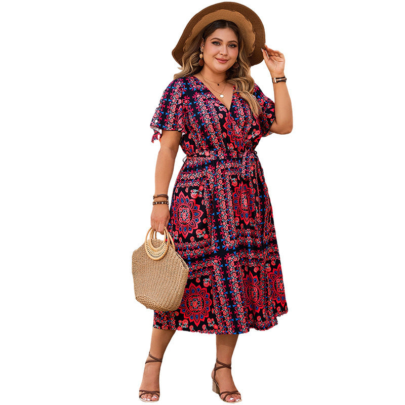 European And American Retro Plus-sized Loose Printed Dress Dress Casual V-neck Dress