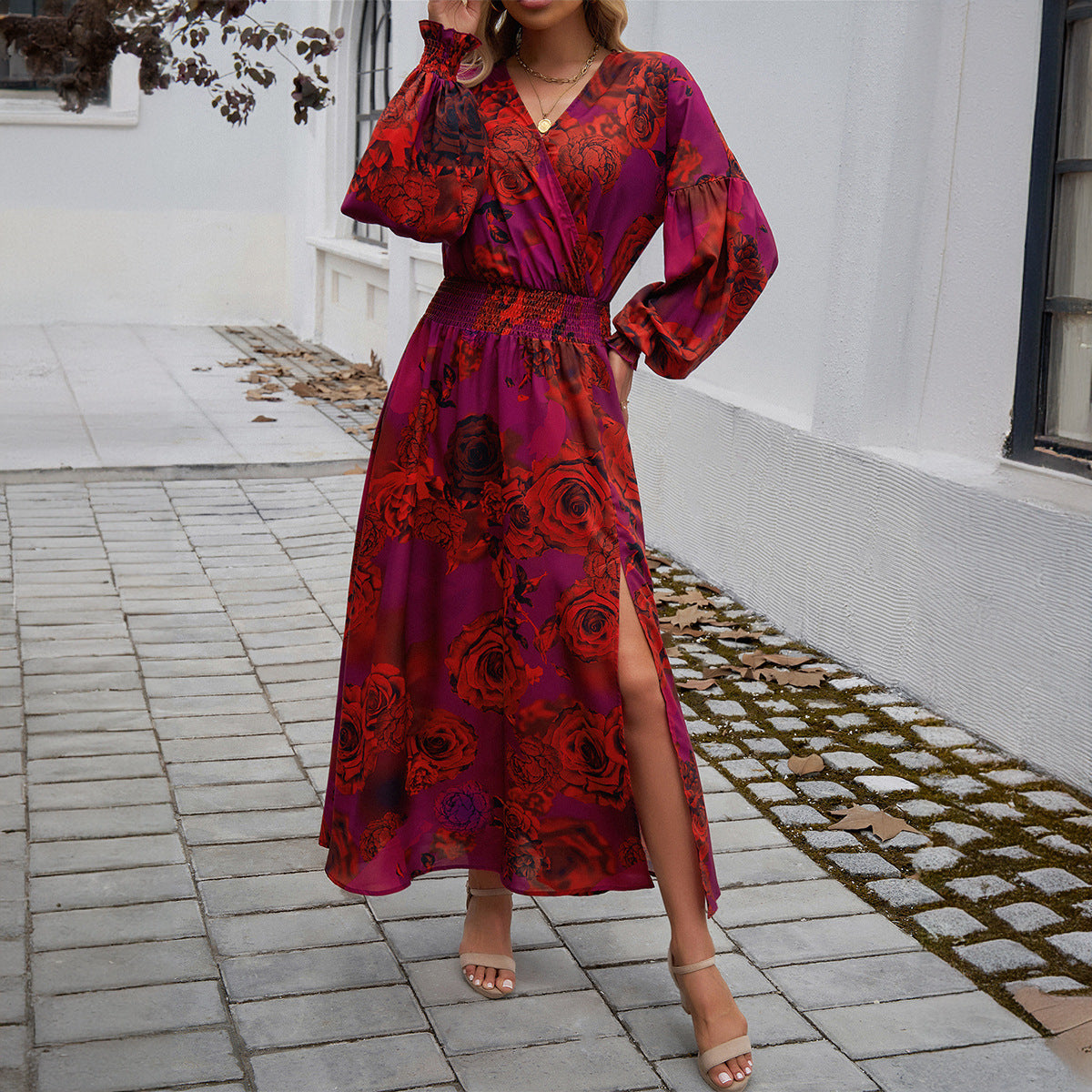 Vestido elegante de talle alto con estampado de temperamento femenino