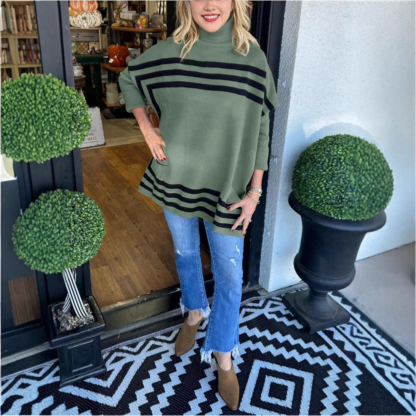 Women's Turtleneck Knitting Batwing Sleeve Striped Sweater