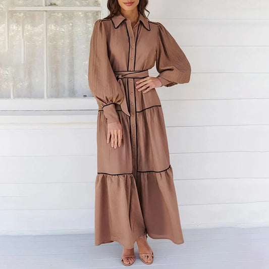 Robe élégante à rayures de couleur unie pour femme, style rétro simple, nouveau col polo, manches bouffantes, taille haute