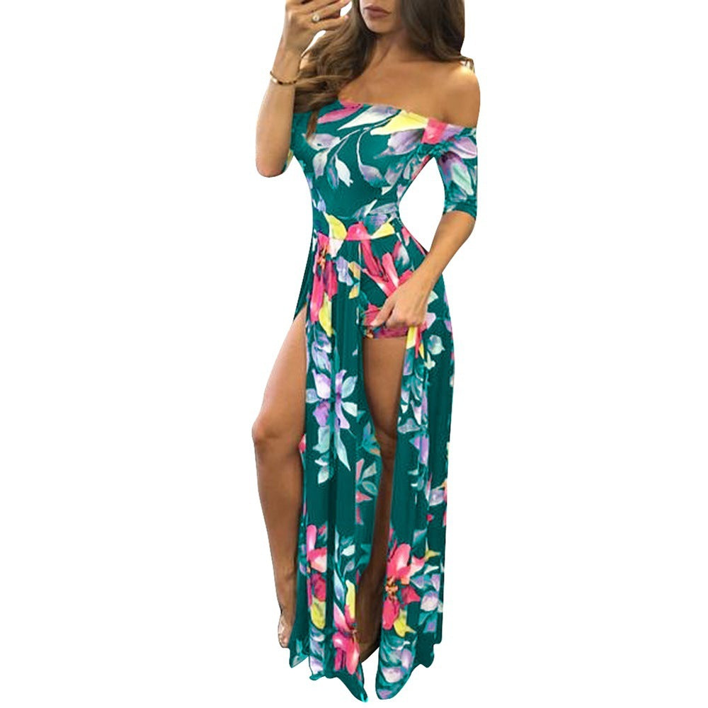 Plus Size Women's Printed One-piece Split Dress Three Colors