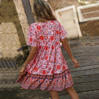 Robe de vacances décontractée et ample à col en V à petites fleurs européenne et américaine de style bohème