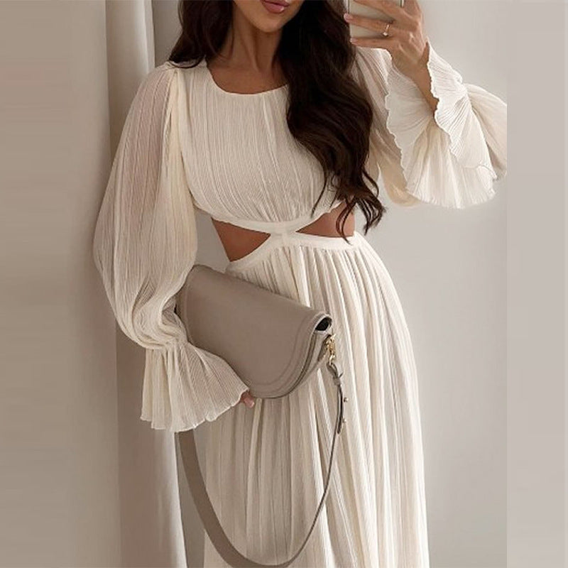 Robe plissée à manches bouffantes et taille sans taille de couleur unie