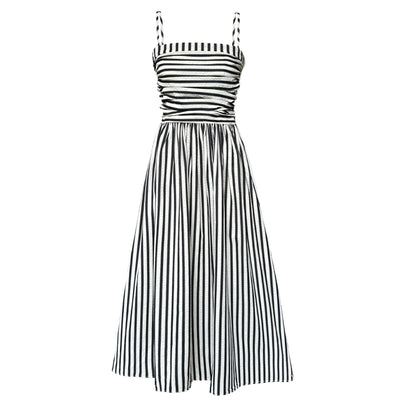 French Striped Bandeau Sling Dress High-grade Off-the-shoulder Pleated Waist Tight