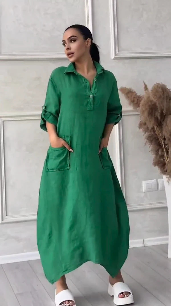 Robe décontractée en coton et lin de couleur unie avec col polo et poche pour femme