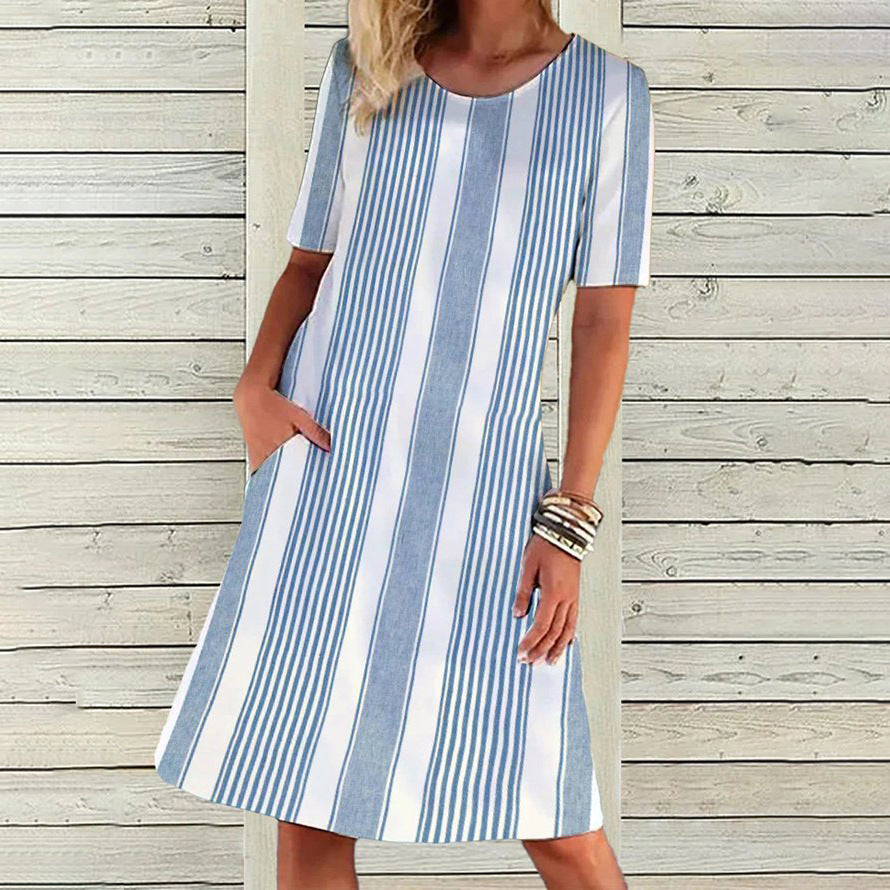 Printed Round Neck Short Sleeve Dress