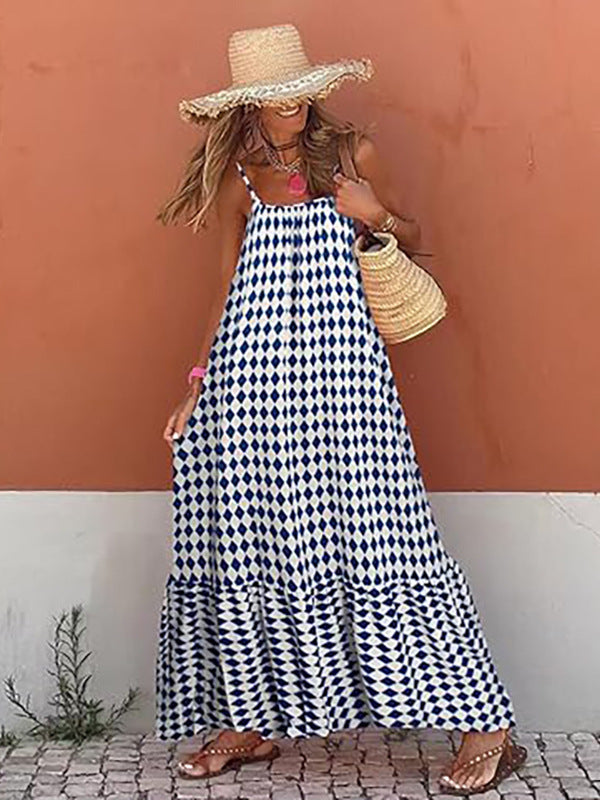 European And American Bohemian Vacation Style Wooden Ear Girl Print V-neck Brace Loose Long Dress