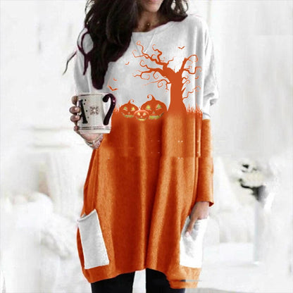 Halloween Pumpkin Stitching Long Sleeve Dress