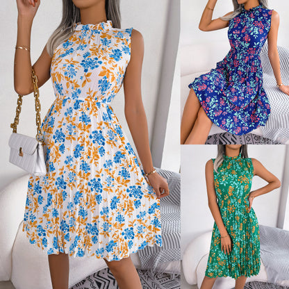 Vestido plisado ceñido con flores de orejas de madera para primavera y verano