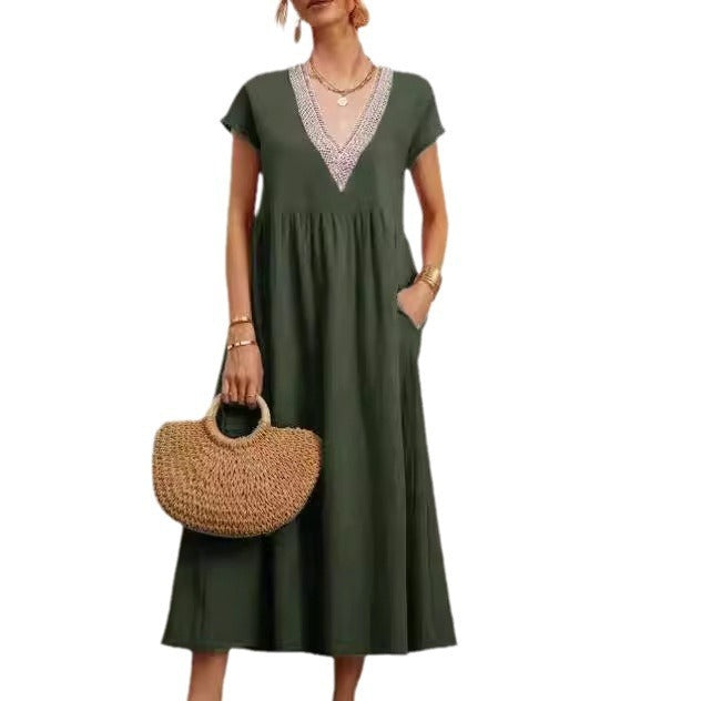 European And American Solid Color Lace V-neck Sleeveless Loose Cotton And Linen Pocket Dress