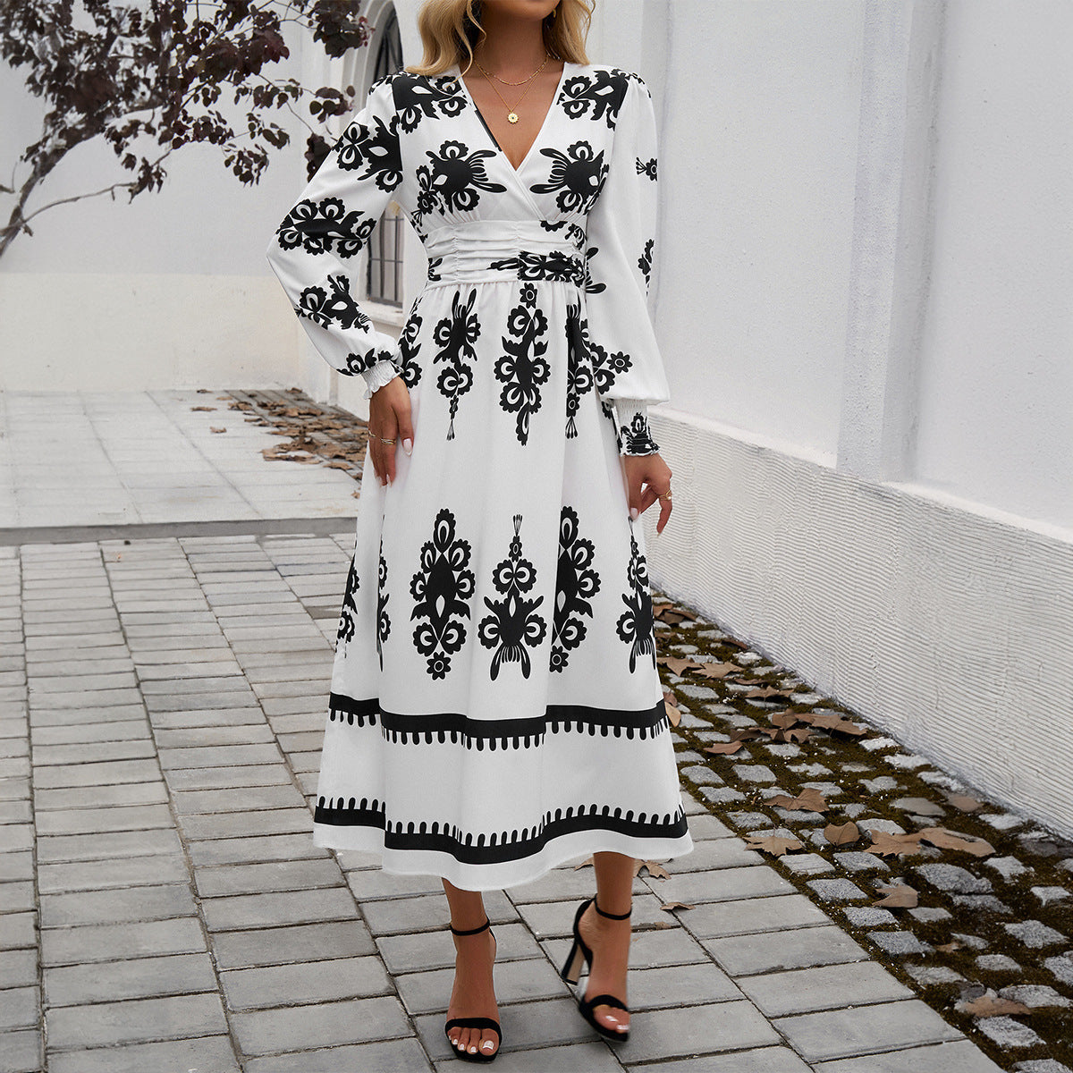 Vestido de manga larga con contraste de color y estampado para mujer