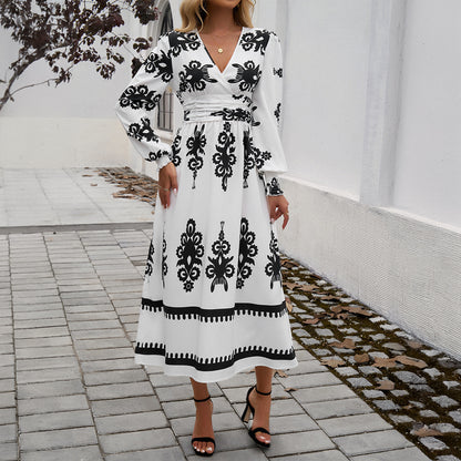 Women's Printing Color Contrast Temperament Long Sleeve Dress