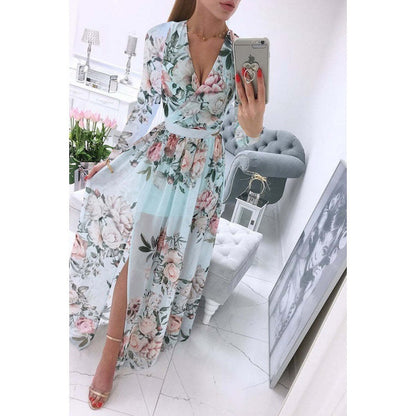 Summer Long-sleeve V-neck Chiffon Printed Bohemian Dress Women