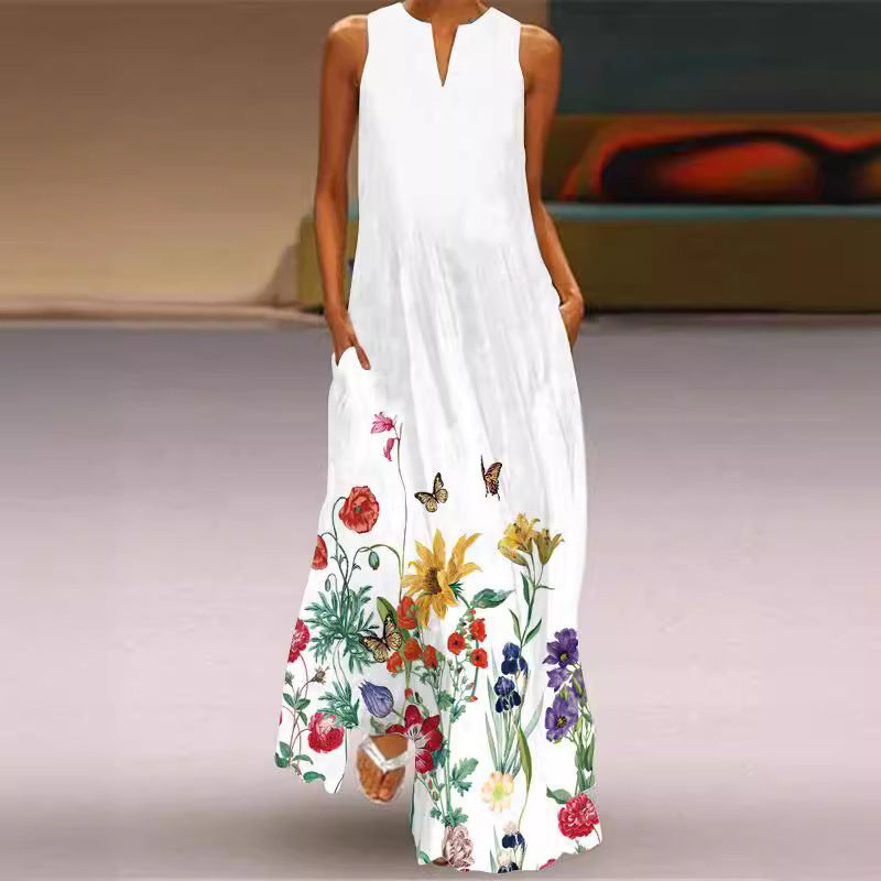 Spring And Summer Fashion Printed Pocket Long Dress