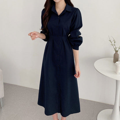 Robe nouée à manches bouffantes et amincissante à col polo et taille contrôlée