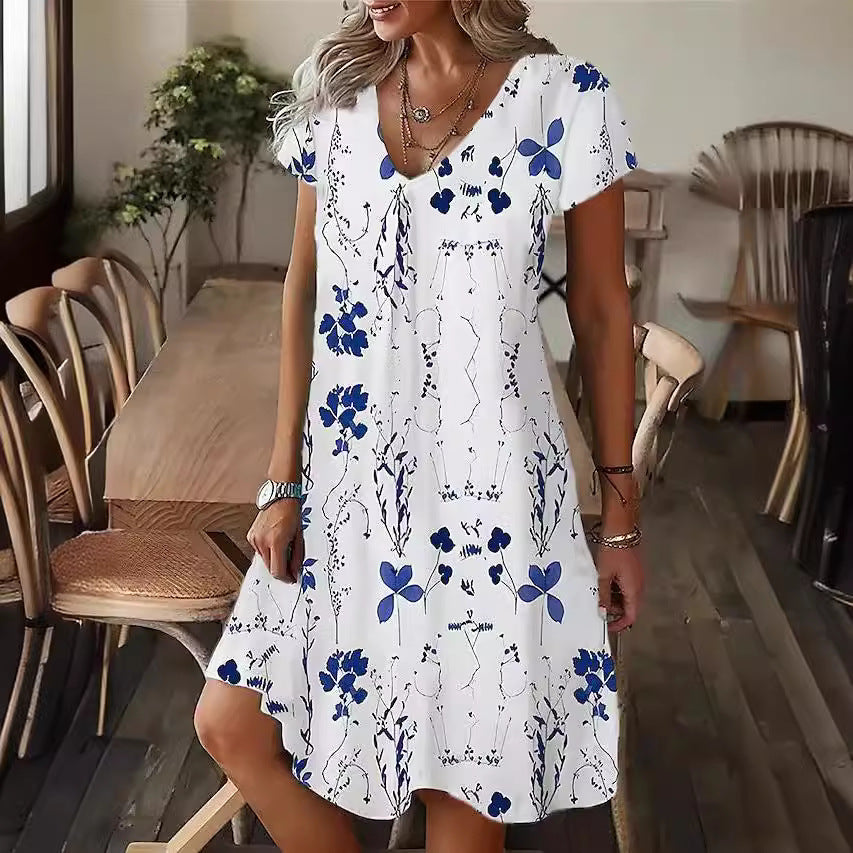 Robe à manches courtes et col en V avec imprimé floral en 3D