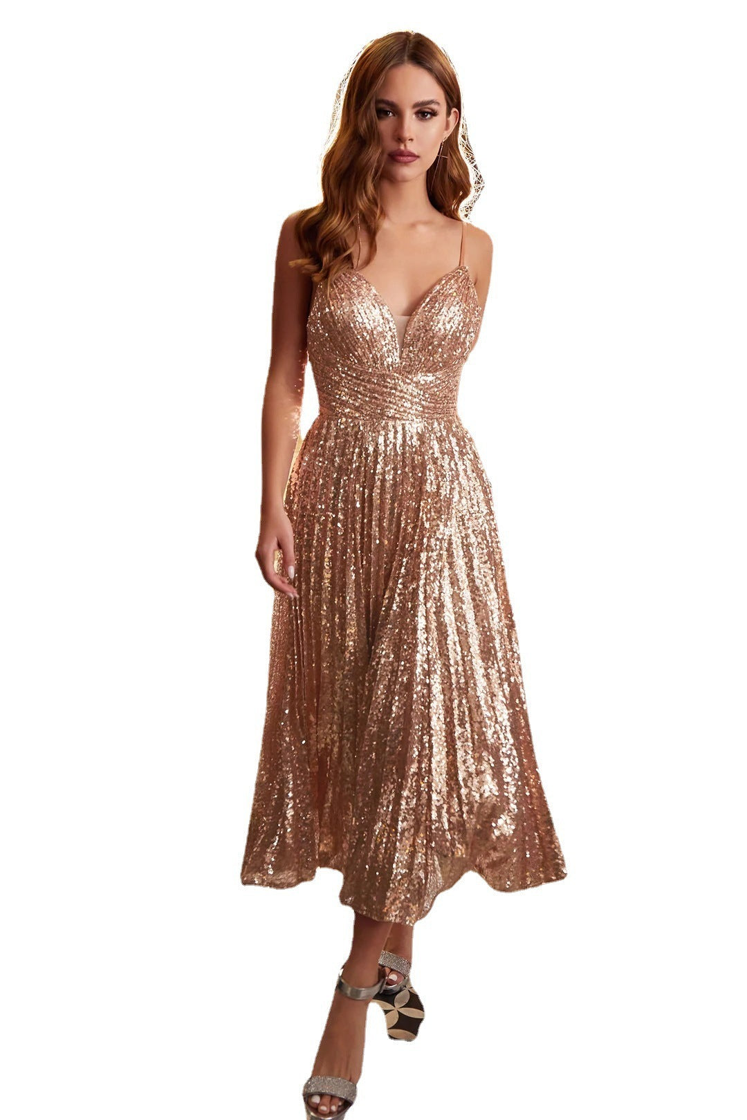 Women's Summer V-neck Strap Dress Slim-fit Sequined