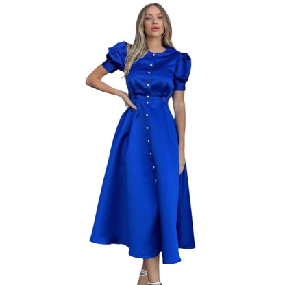 Robe moulante plissée à taille haute et manches courtes bouffantes à col rond