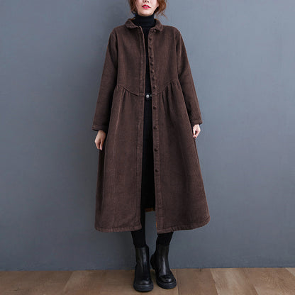 Autumn And Winter Fleece-lined Long Sleeve Retro Artistic Loose Corduroy Casual Coat For Women