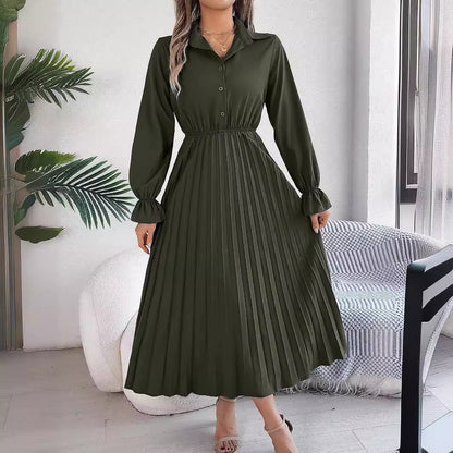 European And American Autumn And Winter Leisure Lapel Button Long Sleeve Cinched Pleated Dress