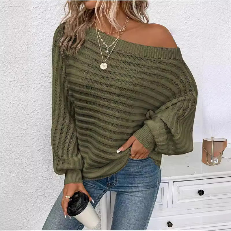 Off-neck Horizontal Pattern Sunken Stripe Pullover Knitted Top