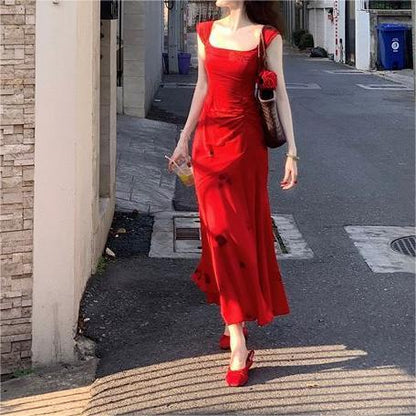 Vestido camisola con cuello cuadrado rojo brillante para mujer, falda de cola de pez con rosa roja francesa