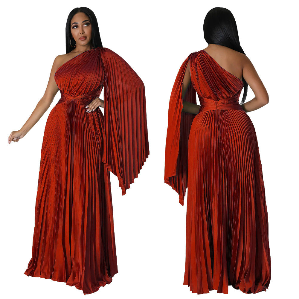 Fashion Women's Wear One Shoulder Pleated Skirt Diagonal Collar Waist-tight Artificial Silk Dress