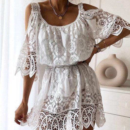 Solid Color Shoulder Hollow Lace Dress