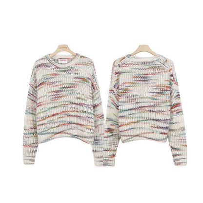 Cute Mixed Color Rainbow Round Neck Loose Pullover Sweater