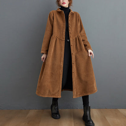 Manteau décontracté en velours côtelé à manches longues pour femme, vêtement artistique rétro, ample, doublé de polaire, automne et hiver