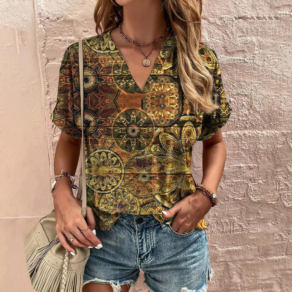 Camiseta informal con cuello en V y estampado de rayas estilo Harajuku para mujer