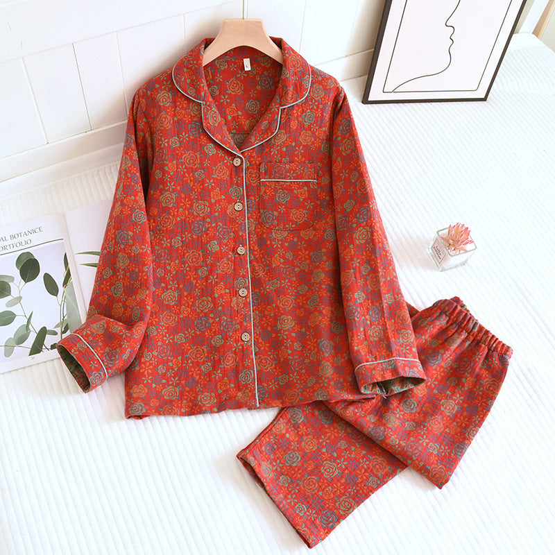 Women's Spring And Autumn Lapel Rose Double-layer Cotton Yarn Long Sleeves Home Wear Suit