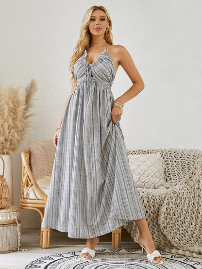 Robe longue bohème à licou - Robe de plage fluide sans manches à rayures pour femme